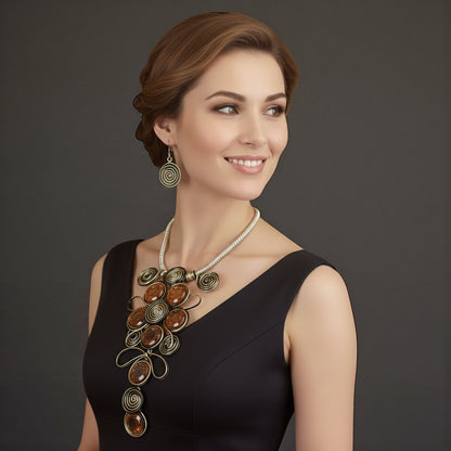 Bohemian Wire Wrapped Spiral Statement Necklace & Earrings Set – Oversized Crystal Pendant Jewellery