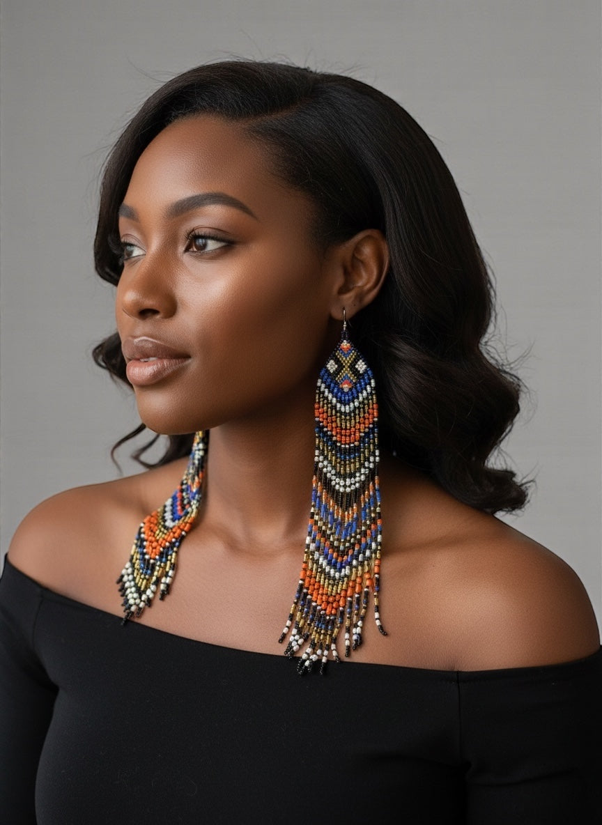 Extra Long Multicoloured Beaded Dangle Earrings – Authentic African Ethnic Statement Jewellery - Fatisha Boutique #