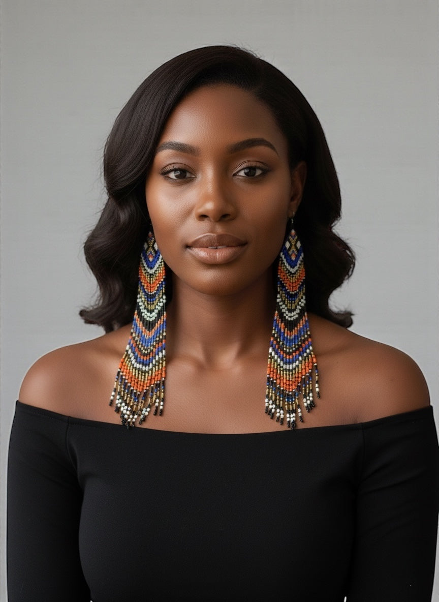Extra Long Multicoloured Beaded Dangle Earrings – Authentic African Ethnic Statement Jewellery - Fatisha Boutique #