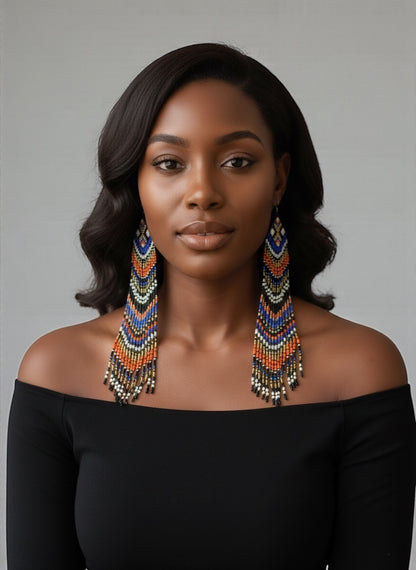 Extra Long Multicoloured Beaded Dangle Earrings – Authentic African Ethnic Statement Jewellery - Fatisha Boutique #