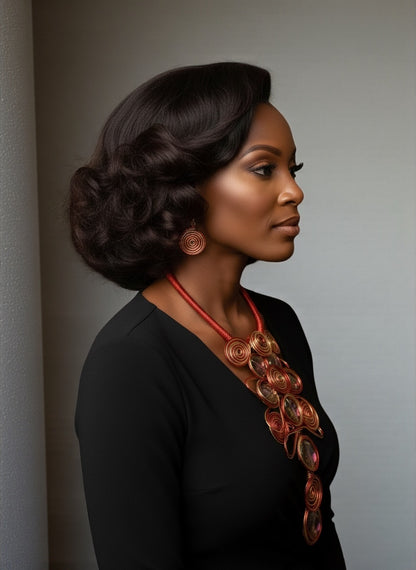 Red & Gold Spiral Wirework Crystal Statement Necklace & Earrings Set – Bold Statement Jewellery