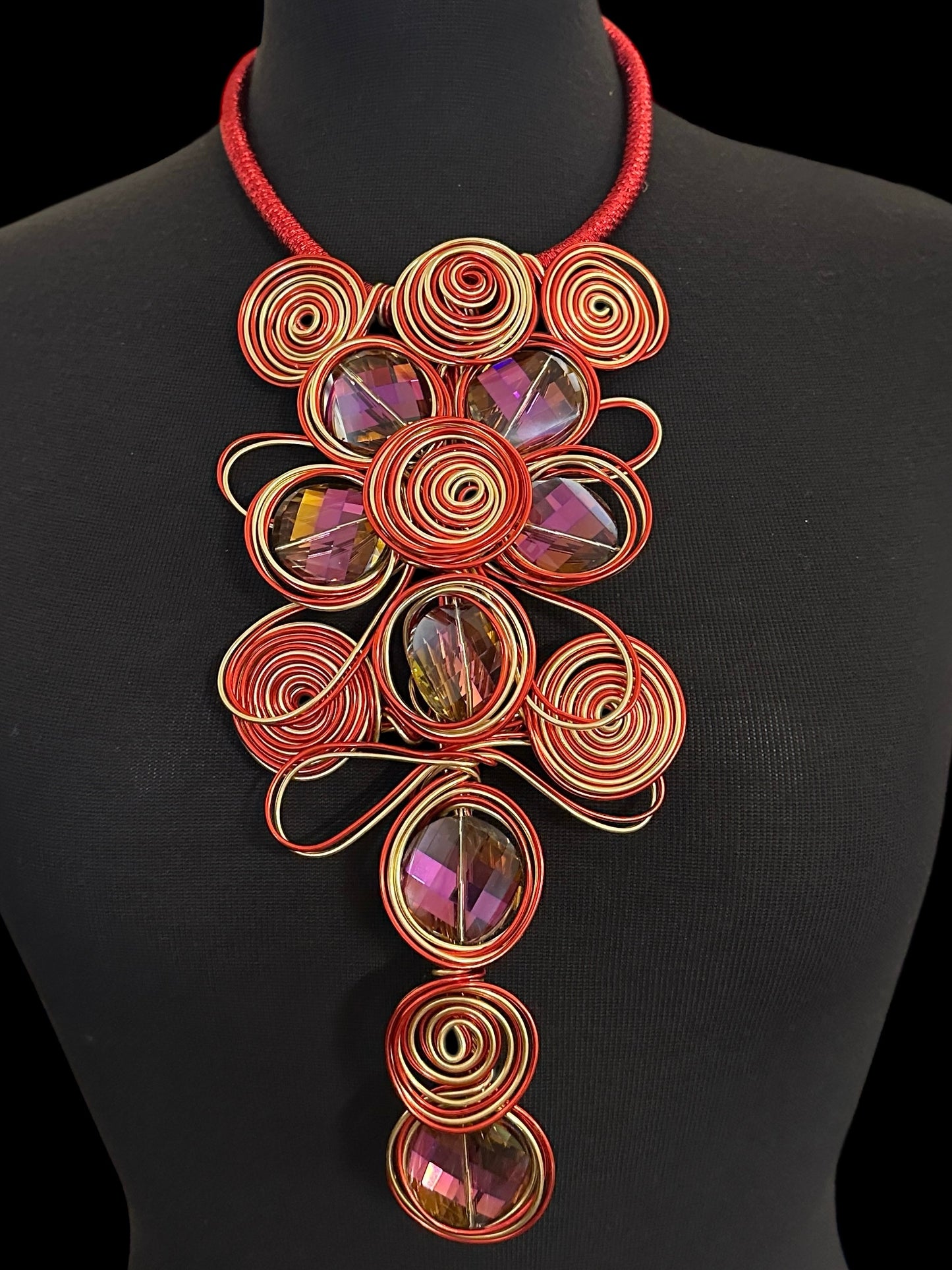 Red & Gold Spiral Wirework Crystal Statement Necklace & Earrings Set – Bold Statement Jewellery