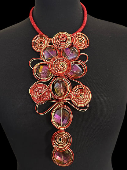 Red & Gold Spiral Wirework Crystal Statement Necklace & Earrings Set – Bold Statement Jewellery