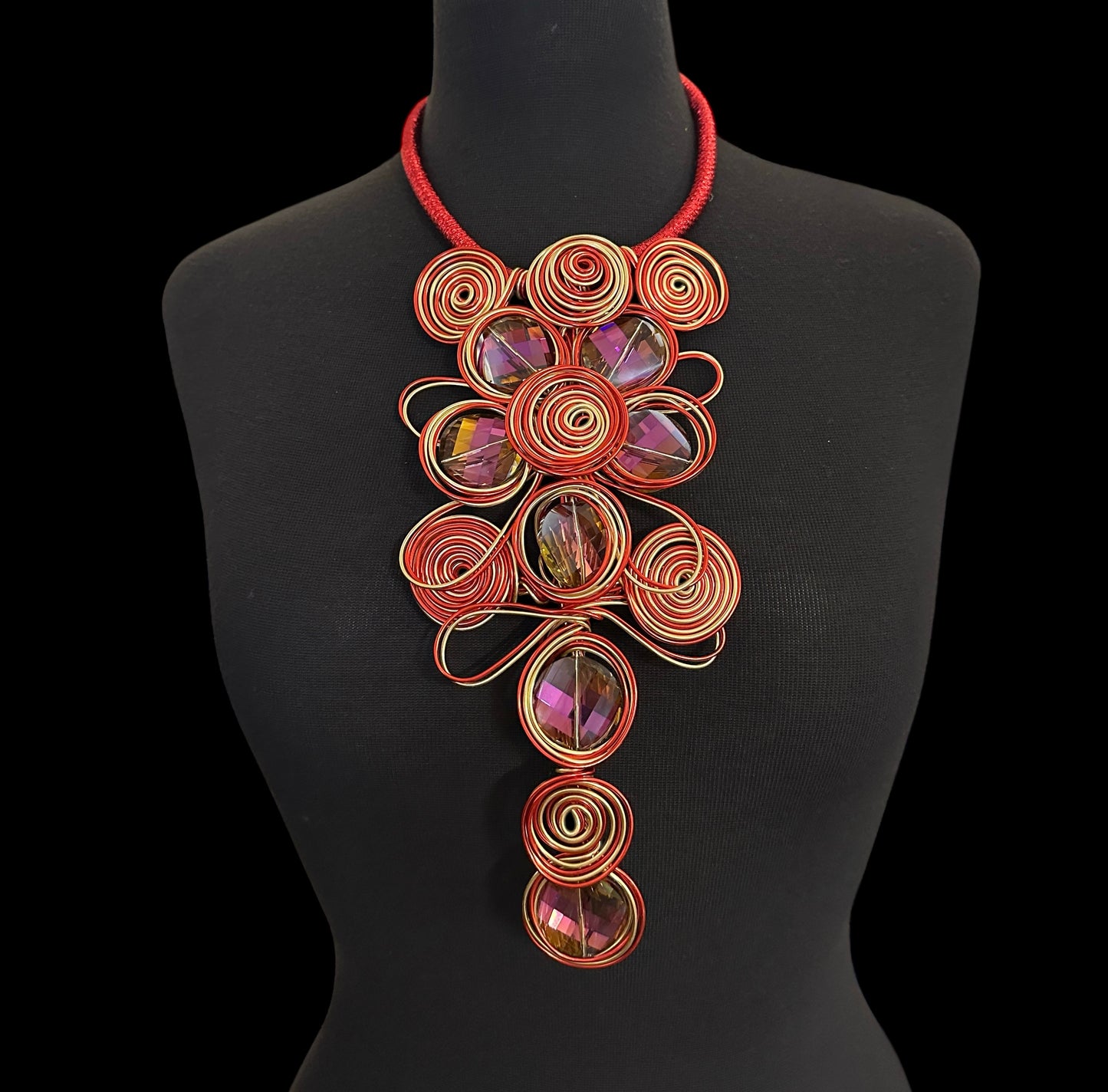 Red & Gold Spiral Wirework Crystal Statement Necklace & Earrings Set – Bold Statement Jewellery