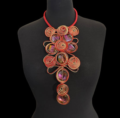Red & Gold Spiral Wirework Crystal Statement Necklace & Earrings Set – Bold Statement Jewellery