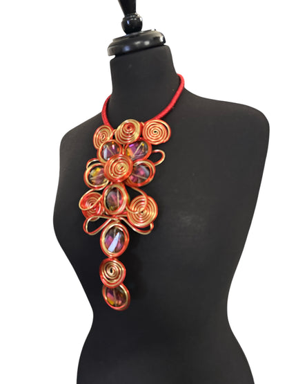Red & Gold Spiral Wirework Crystal Statement Necklace & Earrings Set – Bold Statement Jewellery