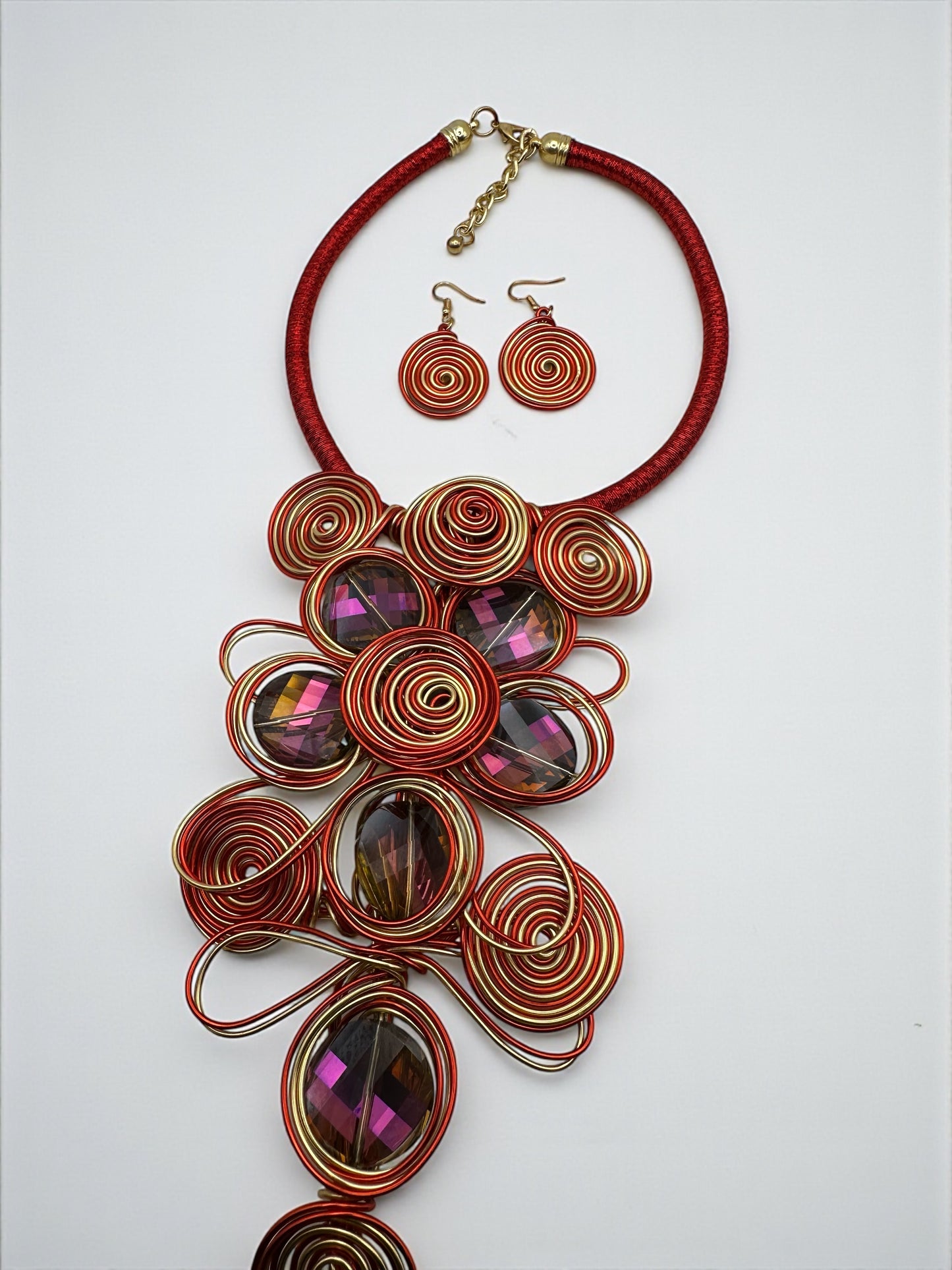 Red & Gold Spiral Wirework Crystal Statement Necklace & Earrings Set – Bold Statement Jewellery