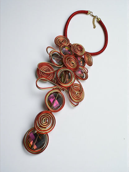 Red & Gold Spiral Wirework Crystal Statement Necklace & Earrings Set – Bold Statement Jewellery