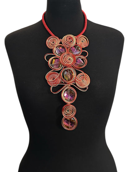 Red & Gold Spiral Wirework Crystal Statement Necklace & Earrings Set – Bold Statement Jewellery