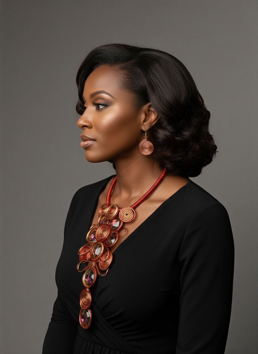 Red & Gold Spiral Wirework Crystal Statement Necklace & Earrings Set – Bold Statement Jewellery