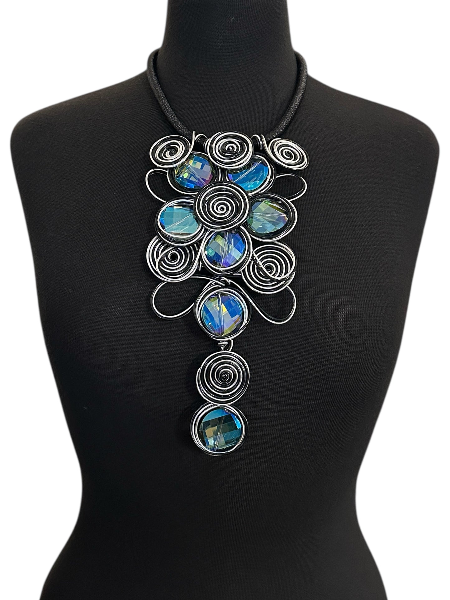 Bold Black & Silver Spiral Wirework Crystal Statement Necklace & Earrings Set