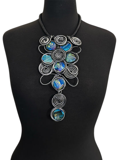 Bold Black & Silver Spiral Wirework Crystal Statement Necklace & Earrings Set