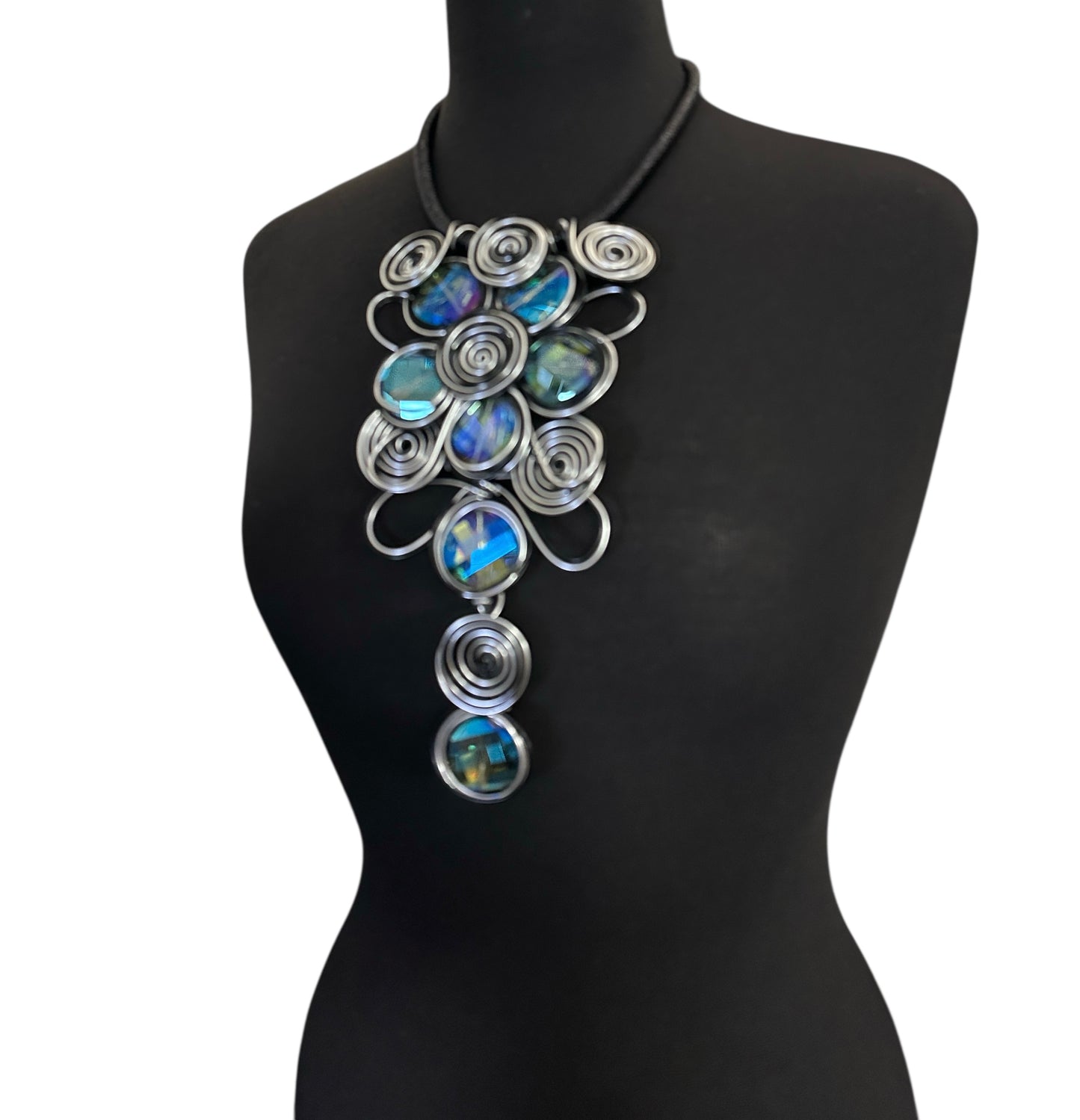 Bold Black & Silver Spiral Wirework Crystal Statement Necklace & Earrings Set