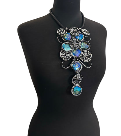 Bold Black & Silver Spiral Wirework Crystal Statement Necklace & Earrings Set