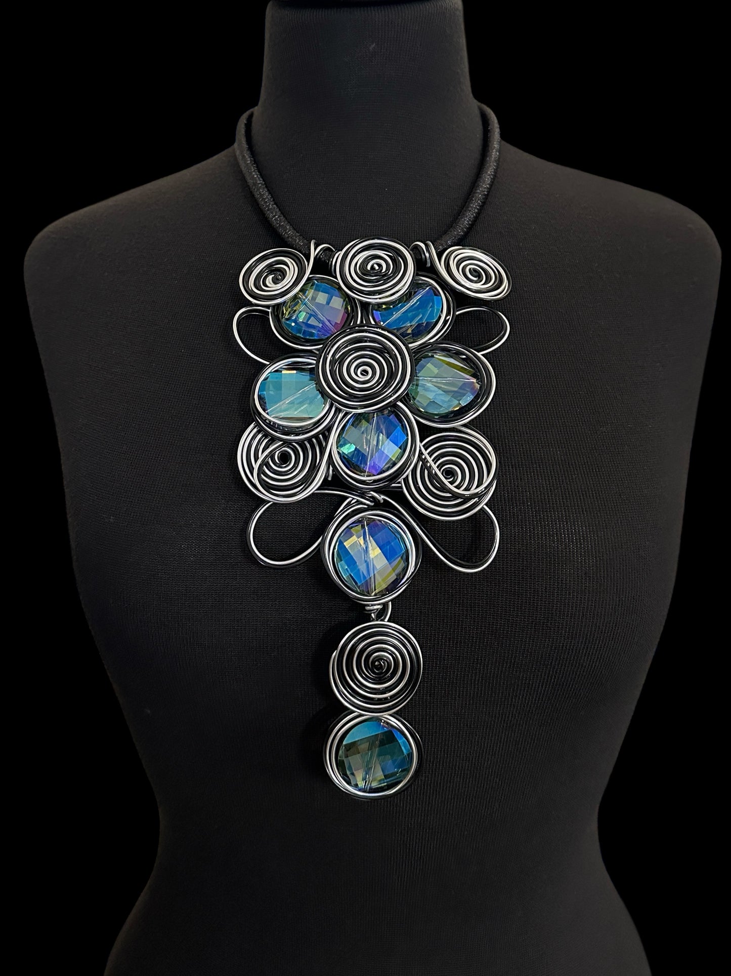 Bold Black & Silver Spiral Wirework Crystal Statement Necklace & Earrings Set