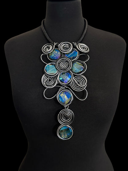 Bold Black & Silver Spiral Wirework Crystal Statement Necklace & Earrings Set