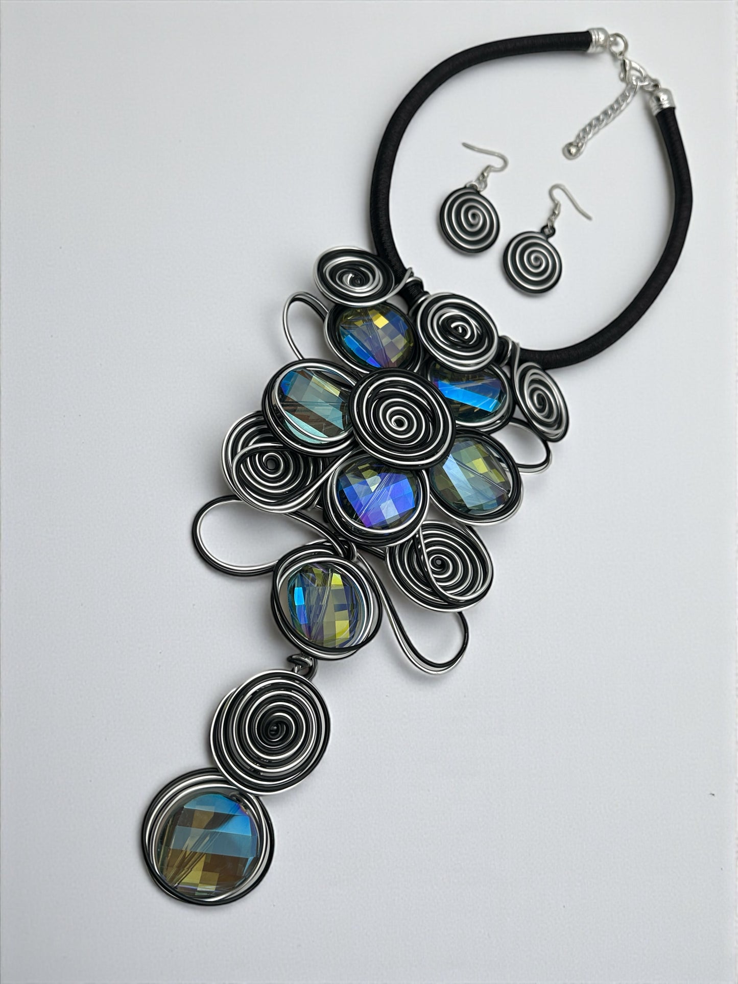 Bold Black & Silver Spiral Wirework Crystal Statement Necklace & Earrings Set