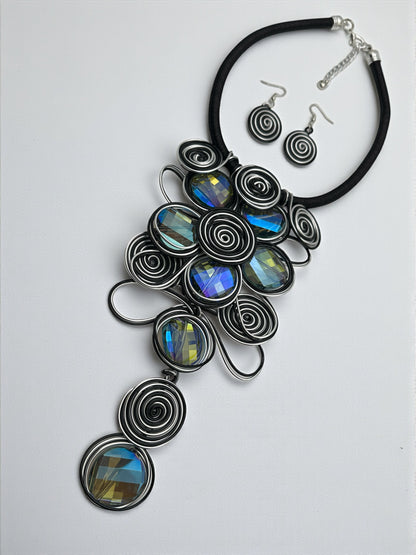 Bold Black & Silver Spiral Wirework Crystal Statement Necklace & Earrings Set