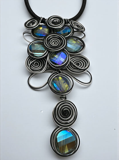 Bold Black & Silver Spiral Wirework Crystal Statement Necklace & Earrings Set