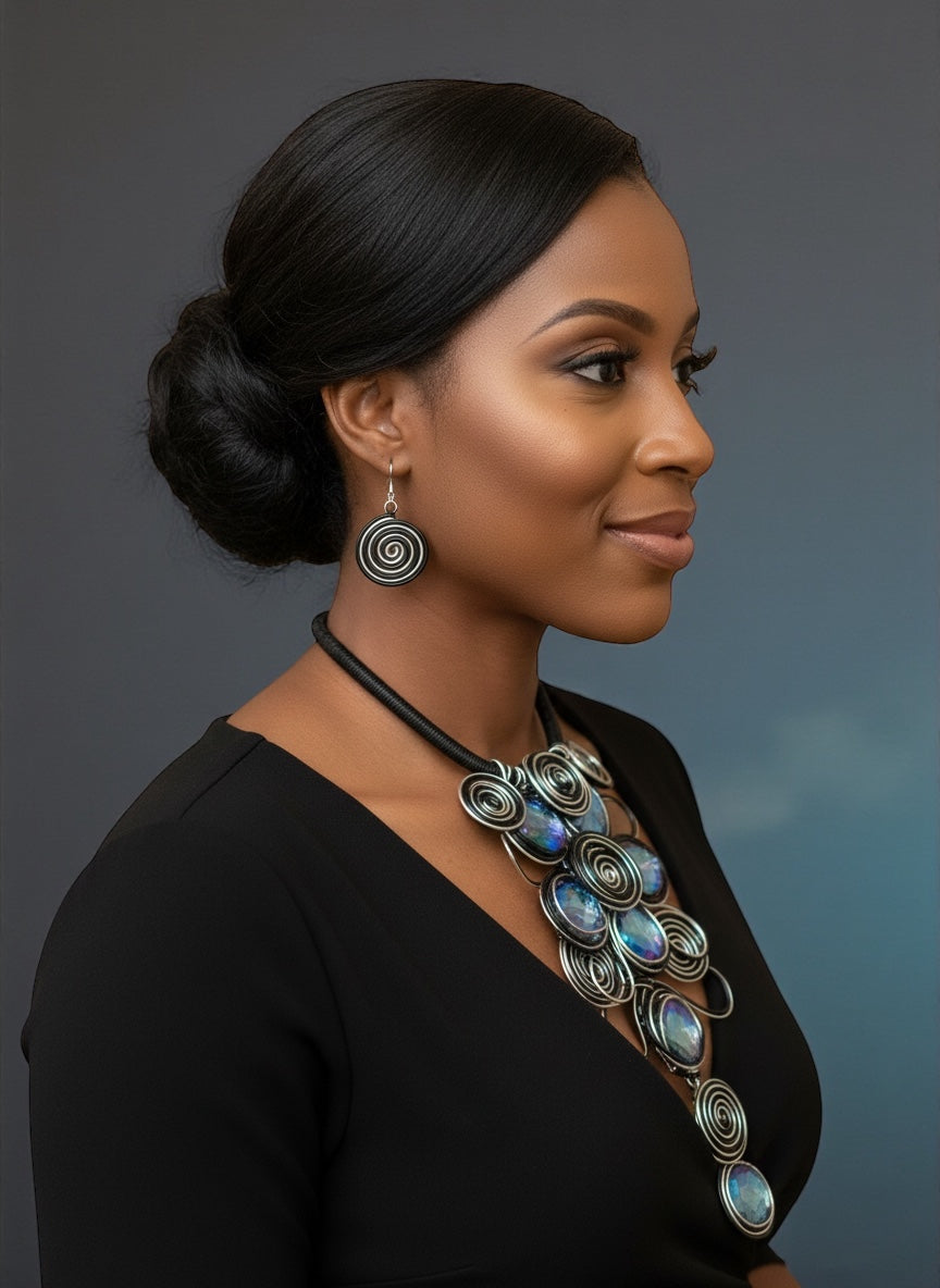 Bold Black & Silver Spiral Wirework Crystal Statement Necklace & Earrings Set