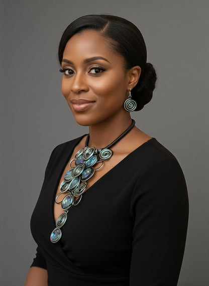 Bold Black & Silver Spiral Wirework Crystal Statement Necklace & Earrings Set