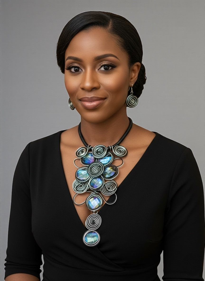 Bold Black & Silver Spiral Wirework Crystal Statement Necklace & Earrings Set