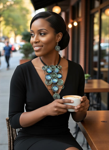 Bold Black & Silver Spiral Wirework Crystal Statement Necklace & Earrings Set