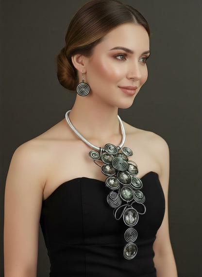 Bold Spiral Wirework Grey Crystal Statement Necklace & Earrings Set
