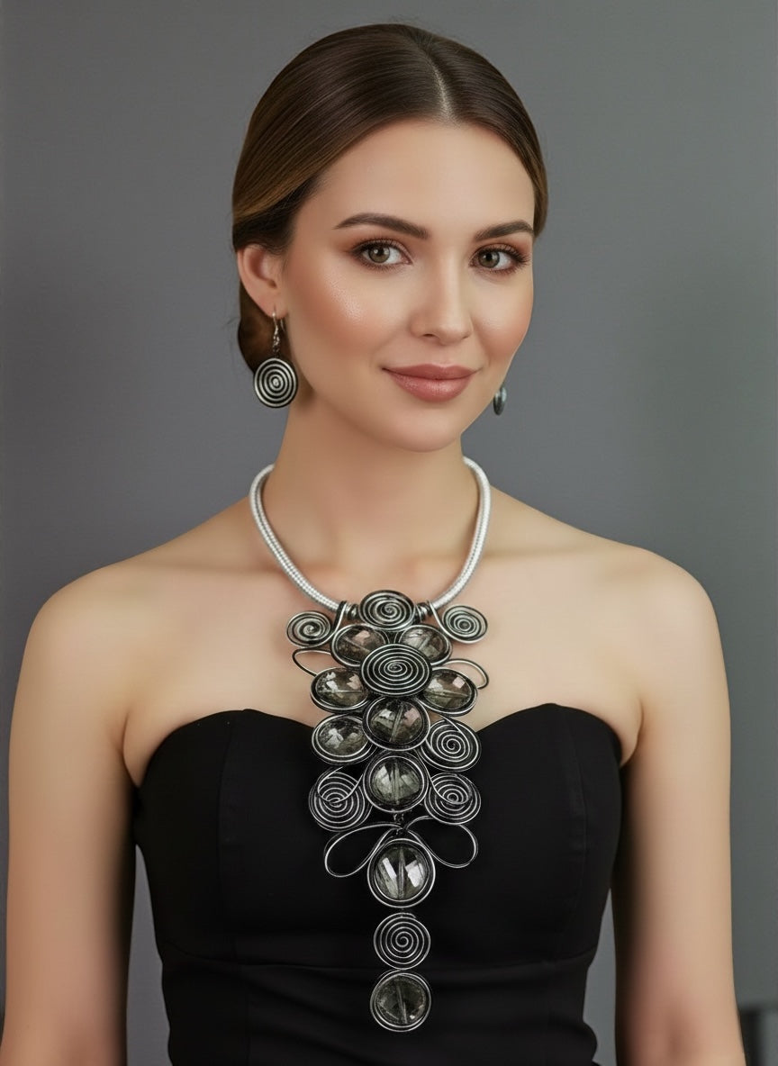 Bold Spiral Wirework Grey Crystal Statement Necklace & Earrings Set