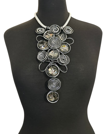 Bold Spiral Wirework Grey Crystal Statement Necklace & Earrings Set