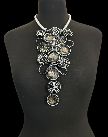 Bold Spiral Wirework Grey Crystal Statement Necklace & Earrings Set