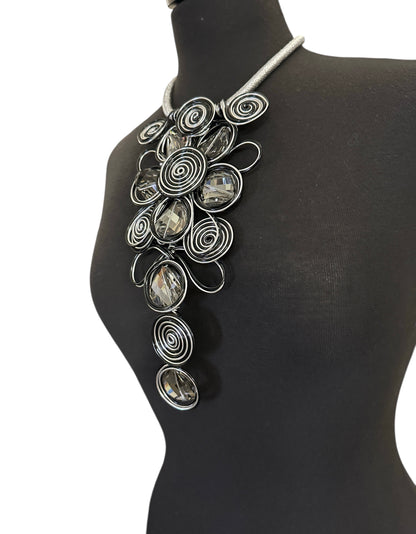 Bold Spiral Wirework Grey Crystal Statement Necklace & Earrings Set