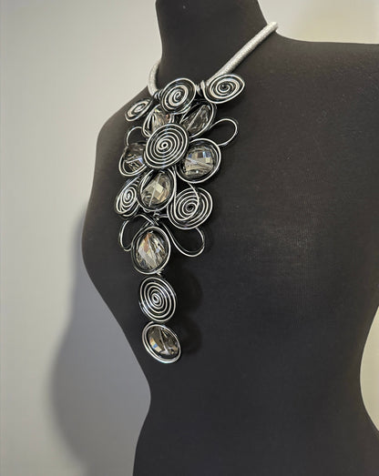 Bold Spiral Wirework Grey Crystal Statement Necklace & Earrings Set