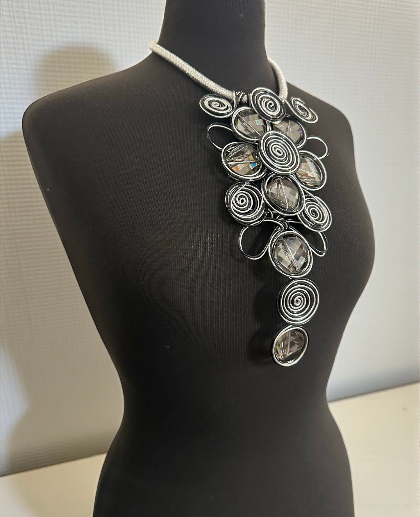 Bold Spiral Wirework Grey Crystal Statement Necklace & Earrings Set