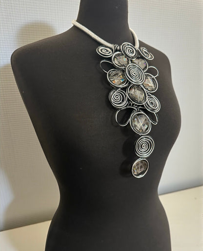 Bold Spiral Wirework Grey Crystal Statement Necklace & Earrings Set