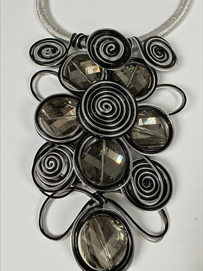 Bold Spiral Wirework Grey Crystal Statement Necklace & Earrings Set
