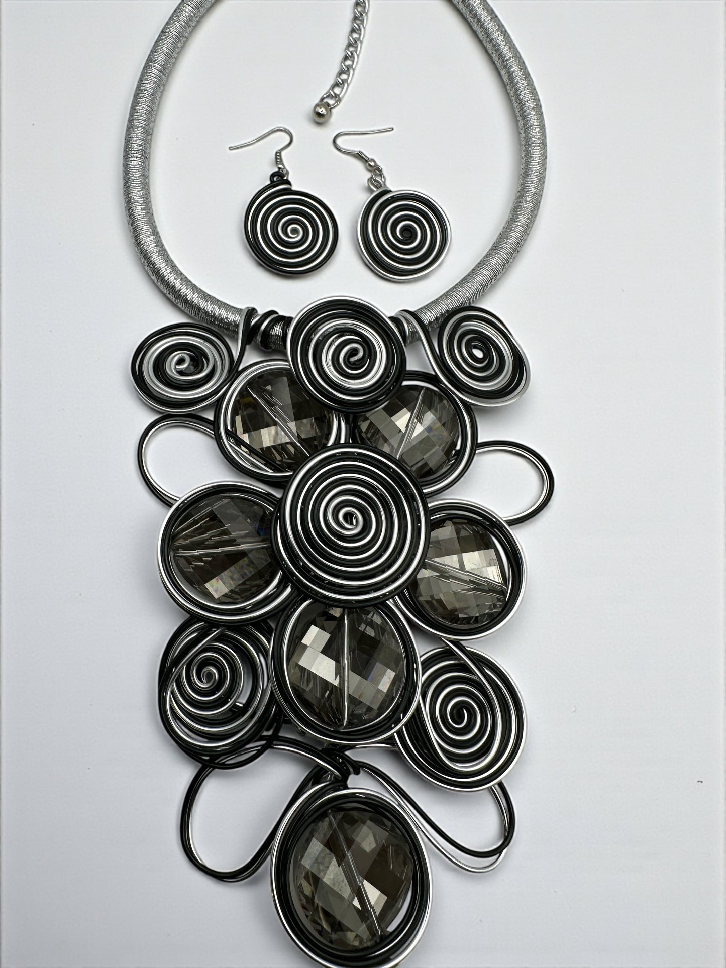 Bold Spiral Wirework Grey Crystal Statement Necklace & Earrings Set