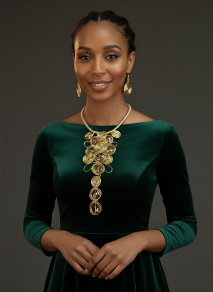 Gold Spiral Oversized Crystal Statement Necklace & Earrings Set – Bold Fashion Jewellery