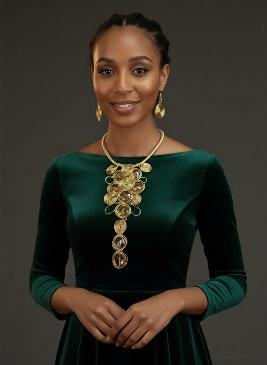 Gold Spiral Oversized Crystal Statement Necklace & Earrings Set – Bold Fashion Jewellery