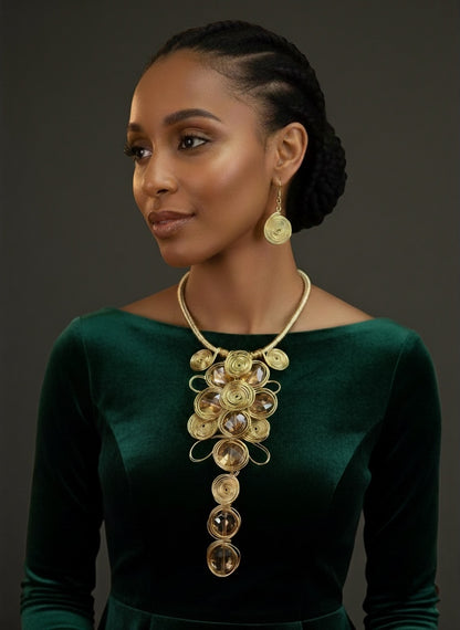 Gold Spiral Oversized Crystal Statement Necklace & Earrings Set – Bold Fashion Jewellery