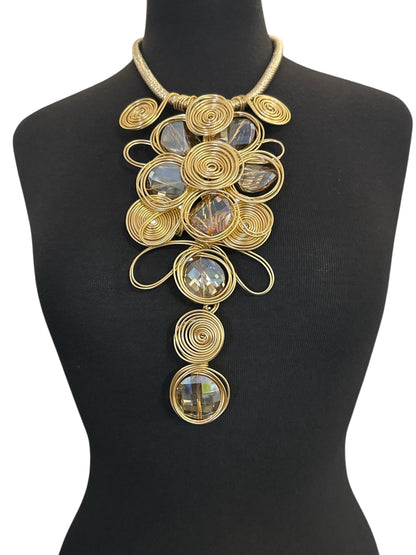 Gold Spiral Oversized Crystal Statement Necklace & Earrings Set – Bold Fashion Jewellery