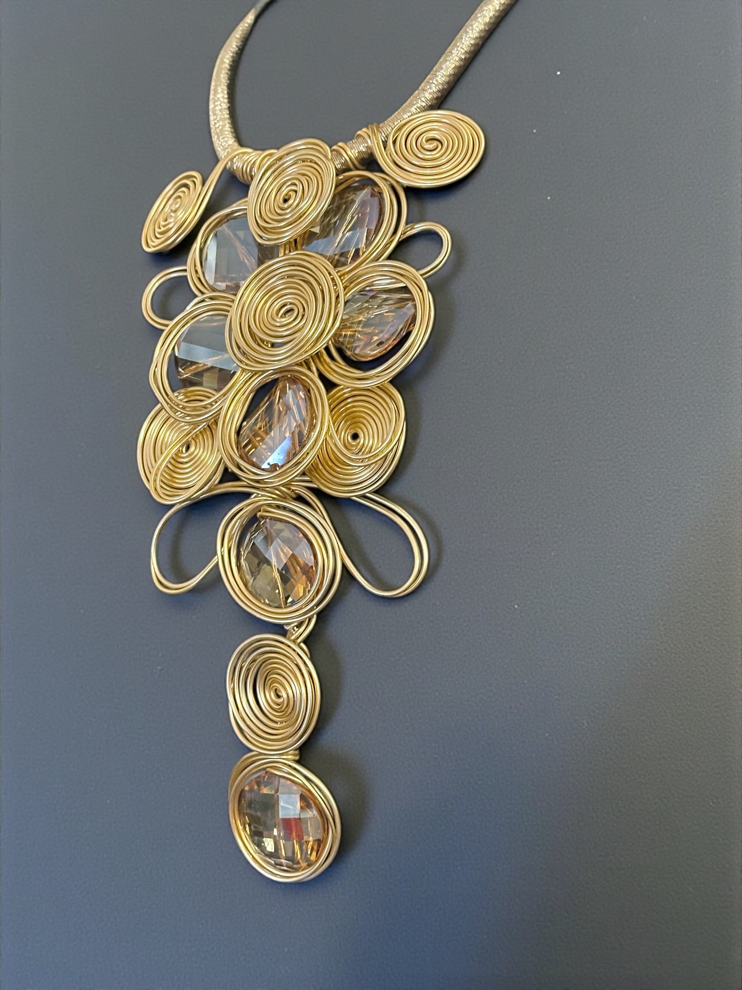 Gold Spiral Oversized Crystal Statement Necklace & Earrings Set – Bold Fashion Jewellery