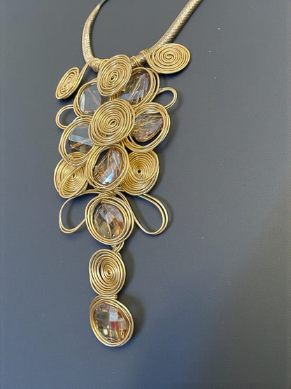 Gold Spiral Oversized Crystal Statement Necklace & Earrings Set – Bold Fashion Jewellery