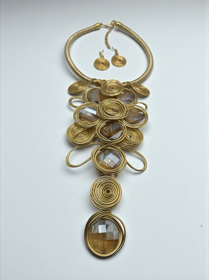 Gold Spiral Oversized Crystal Statement Necklace & Earrings Set – Bold Fashion Jewellery