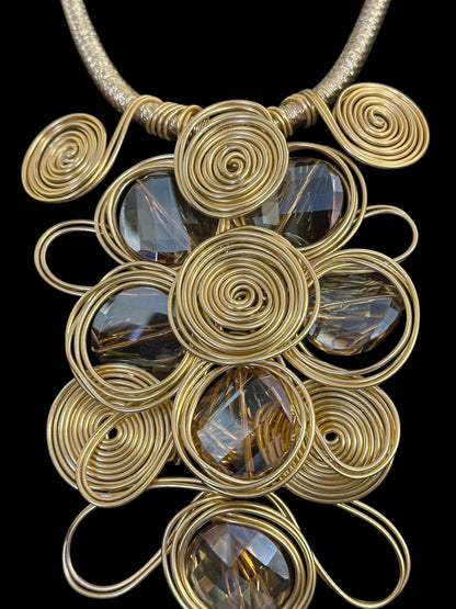 Gold Spiral Oversized Crystal Statement Necklace & Earrings Set – Bold Fashion Jewellery