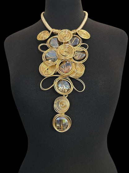 Gold Spiral Oversized Crystal Statement Necklace & Earrings Set – Bold Fashion Jewellery