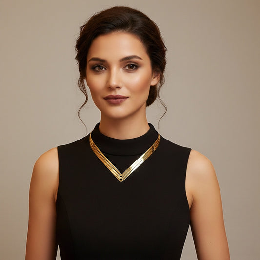 Classic Layered V-Shape Metal Collar Choker Necklace – Gold & Silver Statement Jewellery