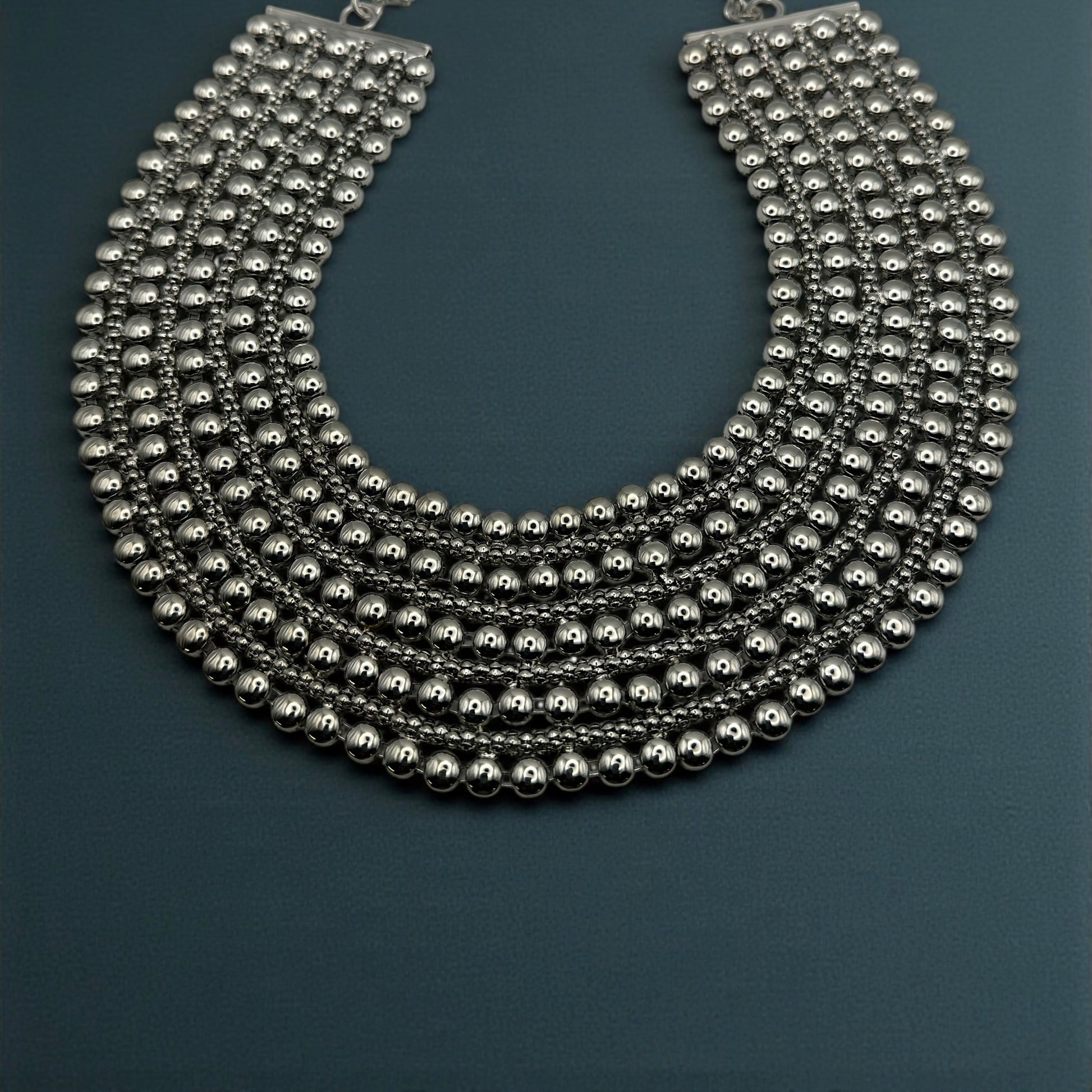 Luxurious Multi-Layer Silver Beaded Statement Choker Necklace - Fatisha Boutique #