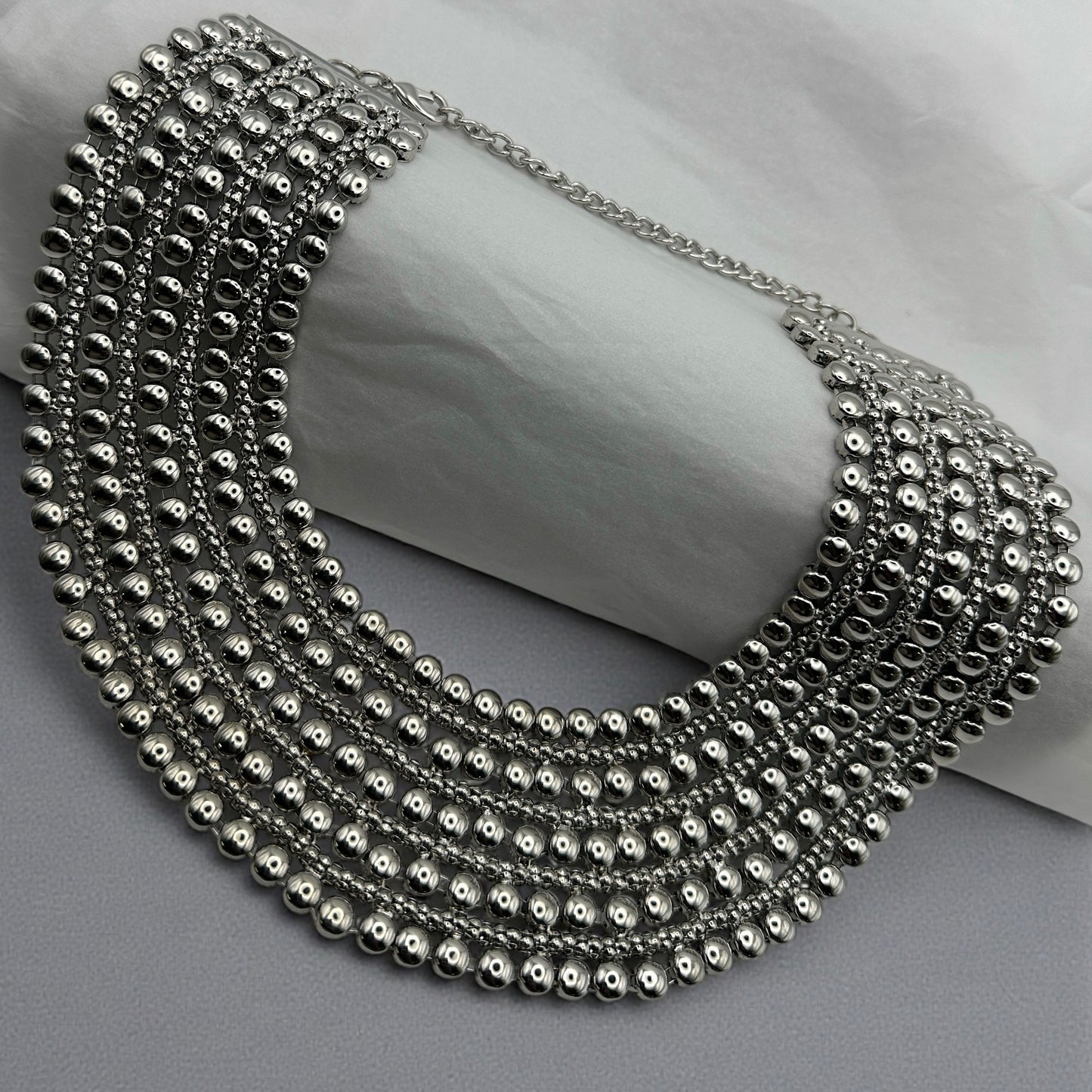 Luxurious Multi-Layer Silver Beaded Statement Choker Necklace - Fatisha Boutique #