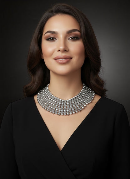 Luxurious Multi-Layer Silver Beaded Statement Choker Necklace - Fatisha Boutique #